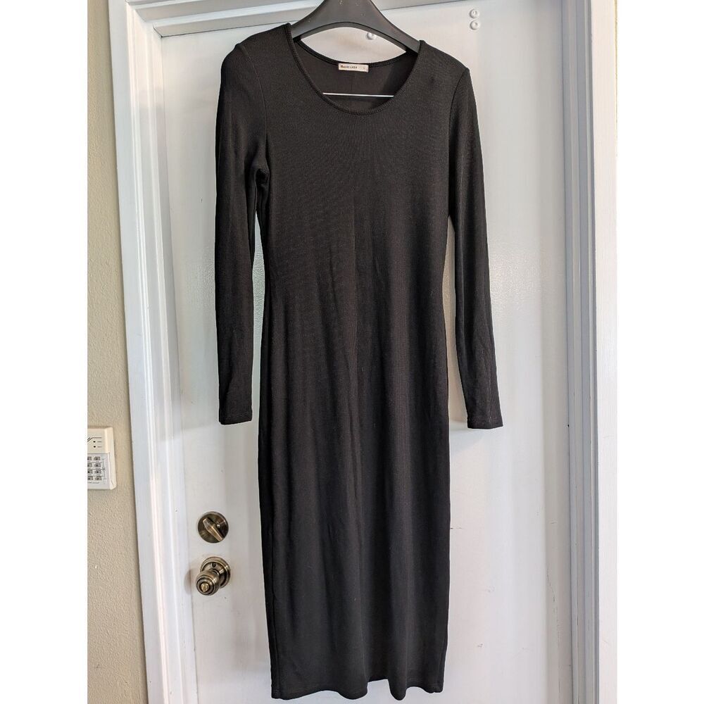 Marine Layer Black Long Sleeve Ribbed Knit Dress Midi Modest Classic